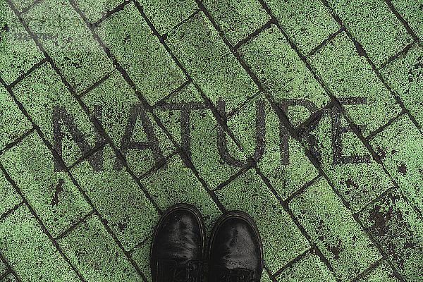 Black shoes on green pavement with stenciled word 'Nature'