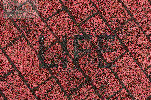 Word 'Life' stenciled on red pavement