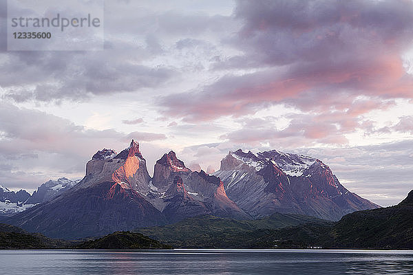 South America  Chile  Patagonia  Torres del Paine National Park  Cuernos del Paine from Lake Pehoe at sunrise