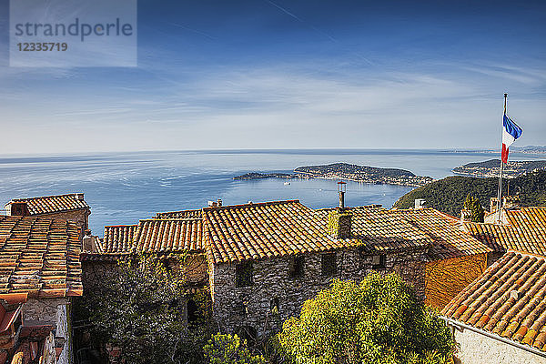 France  Alpes Maritimes  French Riviera  Cote d'Azur  Eze medieval village houses  view to Mediterranean Sea