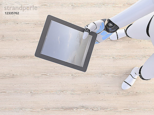 Robot holding tablet in his hand  3d rendering