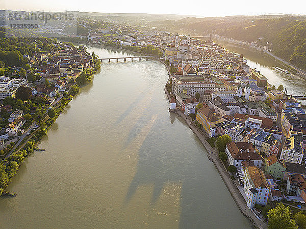 Germany  Bavaria  Passau  city of three rivers  Aerial view of Danube and Inn river