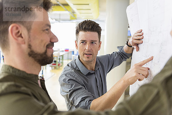 Two men discussing plan in factory
