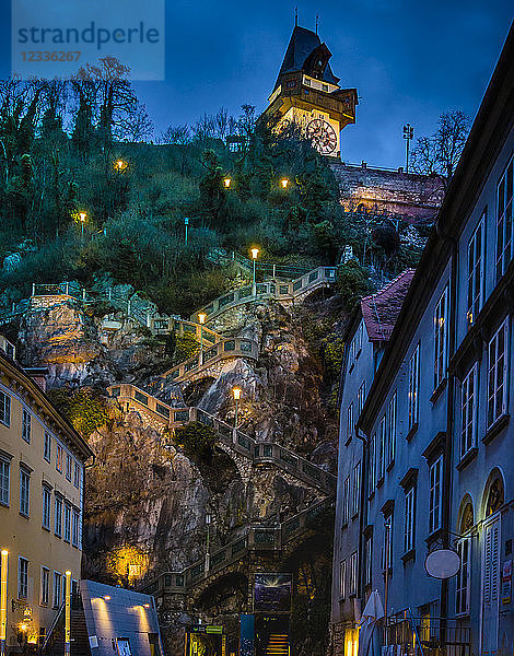 Austria  Styria  Graz  Grazer Schlossberg  castle mountain with staircase  clock tower at night