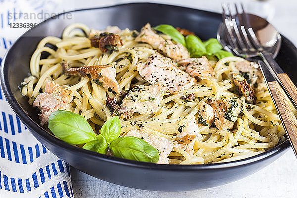 Spaghetti with creamy spinach sauce  dried tomatoes and salmon