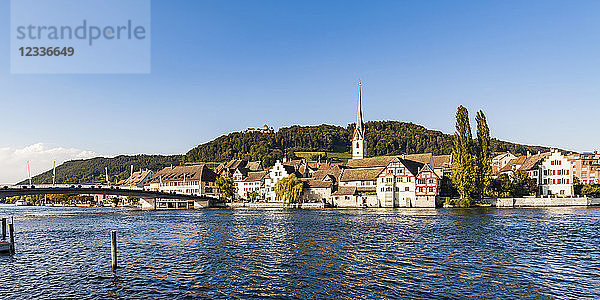 Switzerland  Canton of Schaffhausen  Stein am Rhein  Rhine river  Old town  St. George's Abbey and Hohenklingen Castle