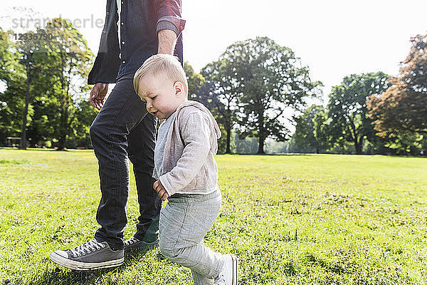 Father walking hand in hand with son in a park