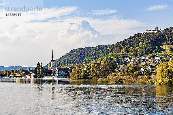 Switzerland  Canton of Schaffhausen  Stein am Rhein  Rhine river  cityscape with Hohenklingen Castle