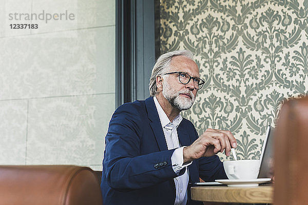 Mature businessman sitting at table in a cafe with laptop and cup of coffee