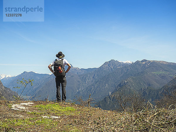 Italy  Lombardy  Senior hiker viewing to Adamello Alps  Parco Naturale Adamello Brenta