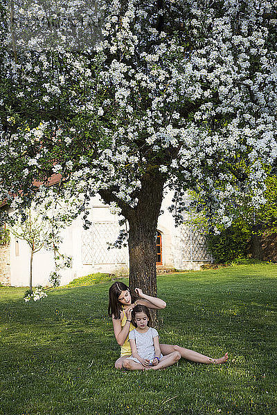 Two girls sitting in front of blossoming apple tree in the garden