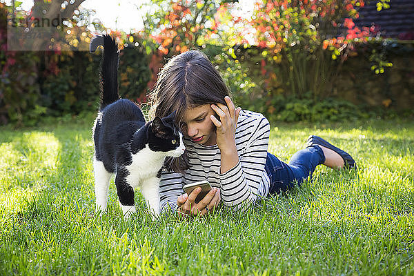 Girl with smartphone and cat on a meadow