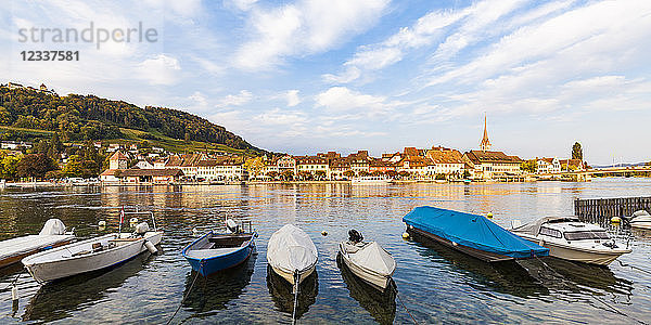 Switzerland  Canton of Schaffhausen  Stein am Rhein  Rhine river  old town and fishing boats