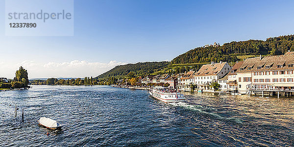 Switzerland  Canton of Schaffhausen  Stein am Rhein  Rhine river  tourboat  Hohenklingen Castle