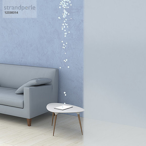 Bubbles emerging from tablet in living room  3d rendering