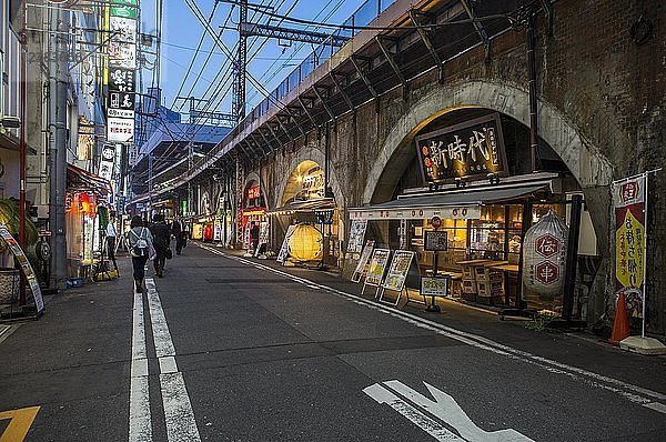 Restaurants unter der Zugbrücke in der Abenddämmerung  Shimbashi  Tokio  Japan  Asien