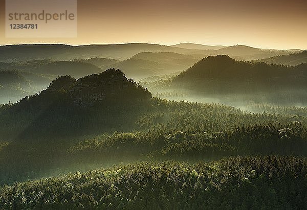 Morgenstimmung im Elbsandsteingebirge  Blick auf die Lorenzsteine im Gegenlicht  Nebel steigt auf  Nationalpark Sächsische Schweiz  Sachsen  Deutschland  Europa