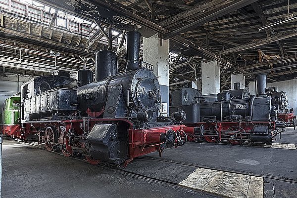 Dampflokomotive 89 837 von 1921  rechts Dampflokomotive 7 Füssen von 1889 im Ringlokschuppen  Bayerisches Eisenbahnmuseum Nördlingen  Nördlingen  Bayern  Deutschland  Europa