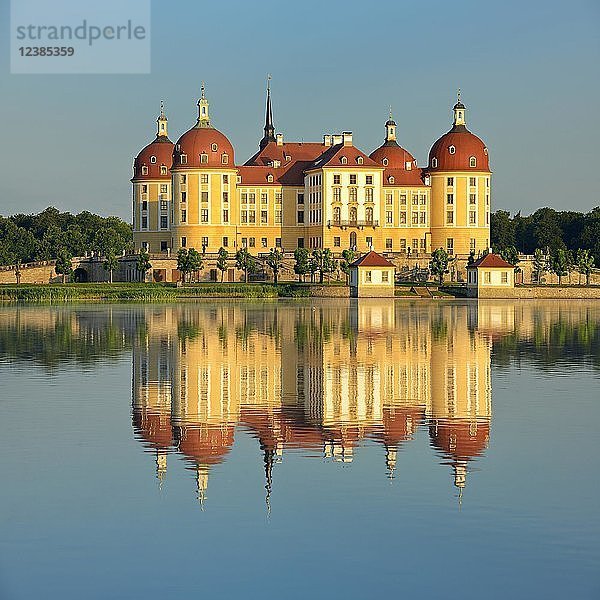 Schloss Moritzburg  Jagdschloss von August dem Starken  Wasserspiegelung im See  Dämmerung  Sachsen  Deutschland  Europa
