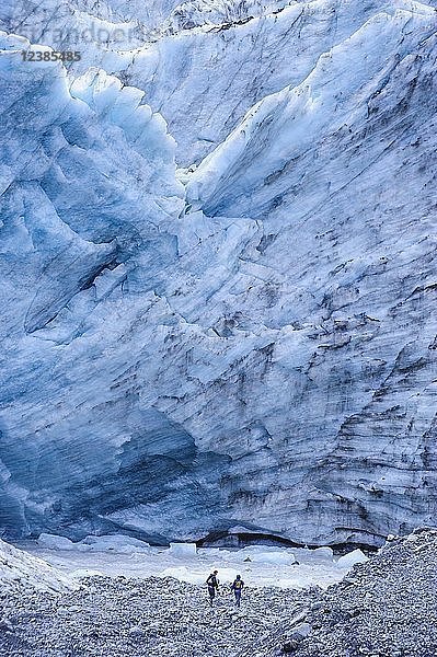 Touristen wandern zum riesigen Gletscherausfluss des Fox Glacier  Südinsel  Neuseeland  Ozeanien