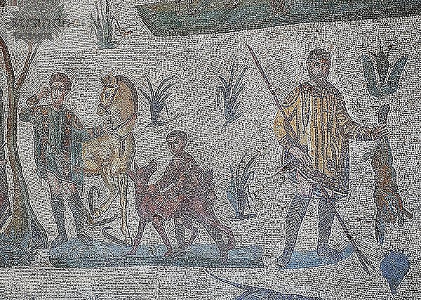 Römisches Mosaik mit Jägern auf der Jagd  Villa Romana del Casale  UNESCO-Weltkulturerbe  Sizilien  Italien  Europa
