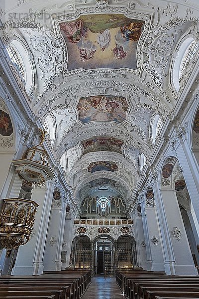 Innenansicht mit Orgelempore und Deckenfresken und Stuck  Basilika St. Quirin  Kloster  Schloss Tegernsee  Tegernsee  Oberbayern  Bayern  Deutschland  Europa