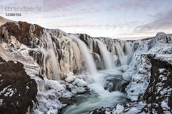 Wasserfall mit Eis und Schnee im Winter  Kolugljúfur  Sonnenuntergang  Norðurland vestra  Nordisland  Island  Europa