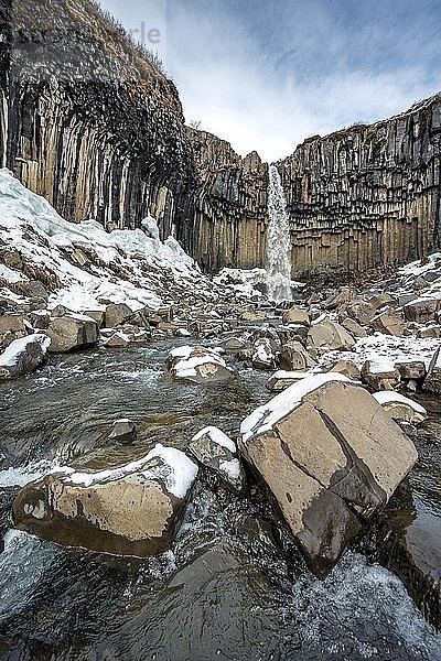 Svartifoss-Wasserfall  Schwarzer Wasserfall  Fluss Stórilækur  Basaltsäulen  Skaftafell-Nationalpark  Südliche Region  Island  Europa