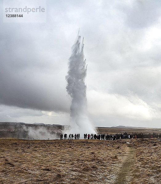 Menschen beobachten den Ausbruch des Geysirs Strokkur  Haukadalur Geothermalfeld  Golden Circle  Südisland  Island  Europa