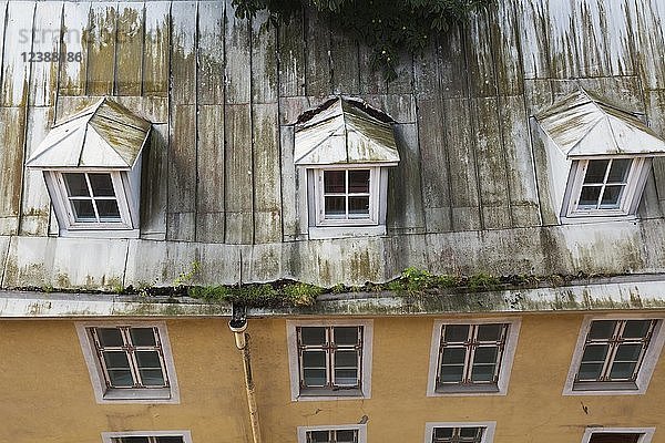 Draufsicht auf ein altes architektonisches Wohnhaus mit Stehfalz-Blechdach und Vegetation in der Dachrinne  Tallinn  Estland  Europa
