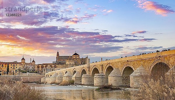Sonnenuntergang  Puente Romano  römische Brücke über den Rio Guadalquivir  hinter der Mezquita  Catedral de Córdoba  Cordoba  Andalusien  Spanien  Europa