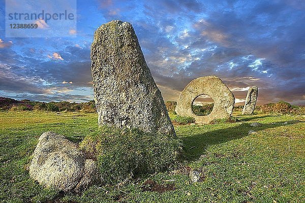 Mên-an-Tol oder Men an Toll  lokal bekannt als Crick Stone  spätneolithische oder frühbronzezeitliche stehende Steine  in der Nähe von Madron  Halbinsel Penwith  Cornwall  England  Großbritannien