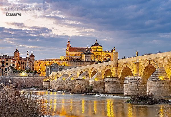 Beleuchtete Puente Romano  Römische Brücke über den Rio Guadalquivir  hinter Mezquita  Catedral de Córdoba  Abendstimmung  Cordoba  Andalusien  Spanien  Europa