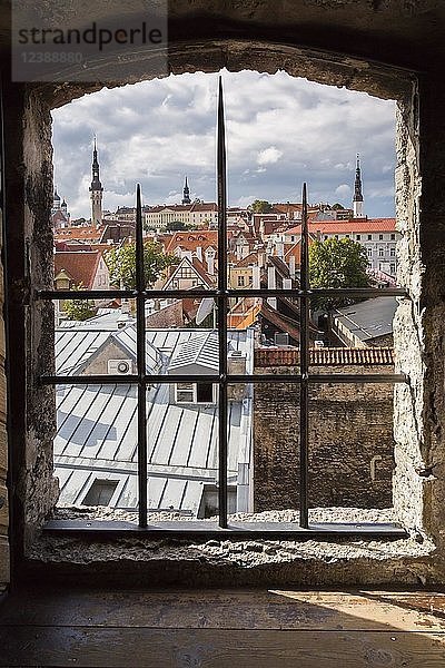 Blick über die Stadt durch ein Fenster der mittelalterlichen Festung  Tallinn  Estland  Europa