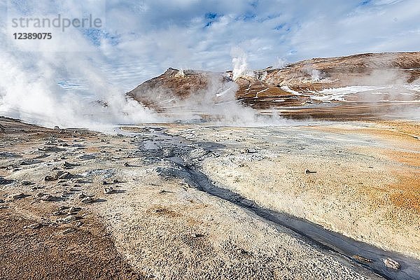 Dampfende heiße Quellen  Geothermalgebiet Hverarönd  auch Hverir oder Namaskard  Nordisland  Island  Europa