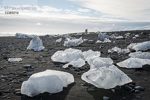 Zwei Touristen spazieren am Horizont  Eisschollen am schwarzen Strand  Diamond Beach  Fjallsárlón Gletscherlagune  Ostisland  Island  Europa