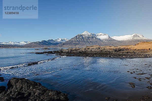 Schwarzer Strand am Fjord Berufjörður  Austurland  Ostisland  Island  Europa