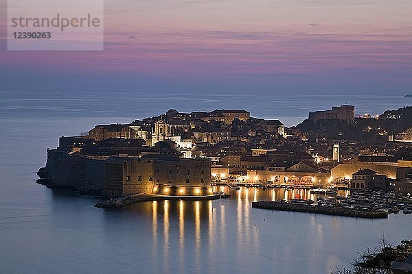 Panoramablick auf die beleuchtete Altstadt  Abenddämmerung  Dubrovnik  Kroatien  Europa