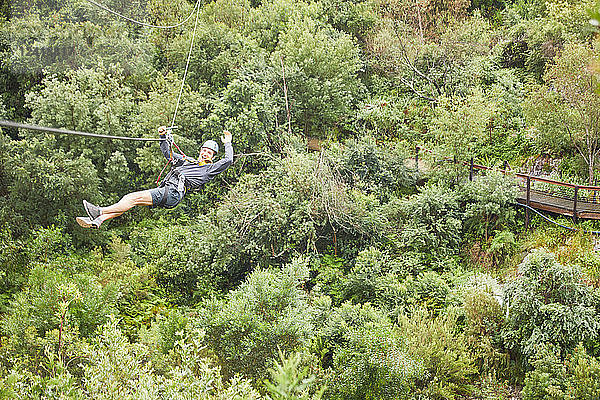 Portrait carefree man zip lining above trees