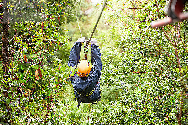 Woman zip lining among trees in woods