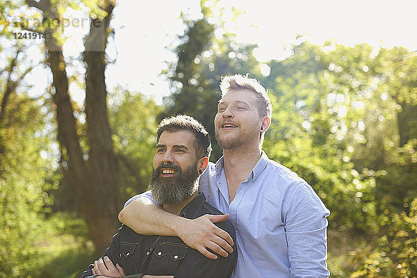 Affectionate male gay couple hugging in sunny park