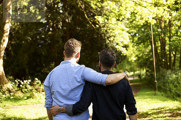 Affectionate male gay couple hugging  walking in sunny park