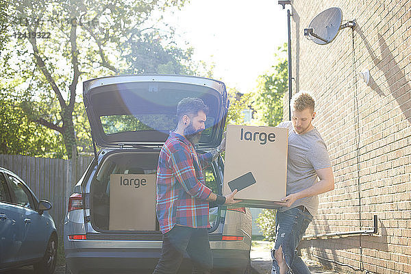 Male gay couple unloading moving boxes from car