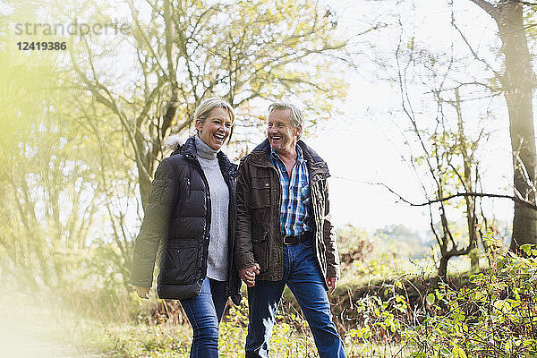 Glückliches reifes Paar  das sich an den Händen hält und im sonnigen Herbstpark spazieren geht