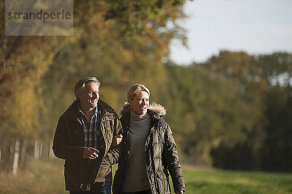 Älteres Paar  das Arm in Arm in einem sonnigen Herbstpark spazieren geht