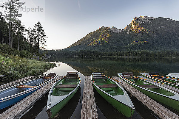 Germany  Bavaria  Berchtesgaden Alps  Lake Hintersee  rowing boats in the morning