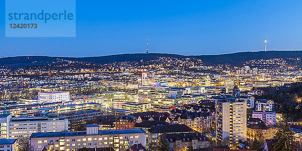 Germany  Stuttgart  panoramic cityscape with TV tower in the evening  blue hour