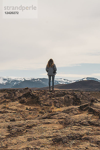 Iceland  female photographer standing on rocks  rear view