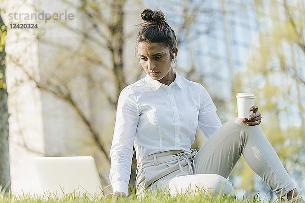 Young businesswoman taking break  using laptop  sitting in grass and drinking coffee