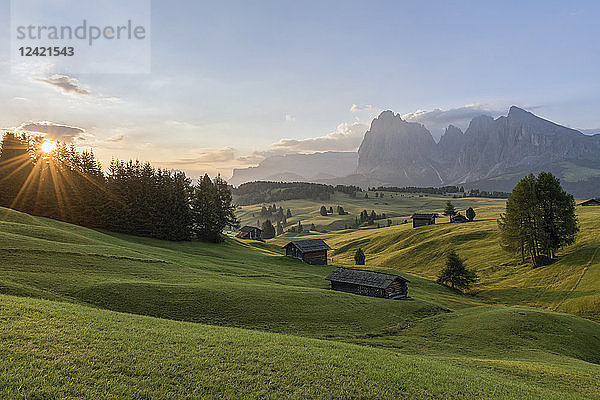 Italy  South Tyrol  Seiser Alm  barns in the morning